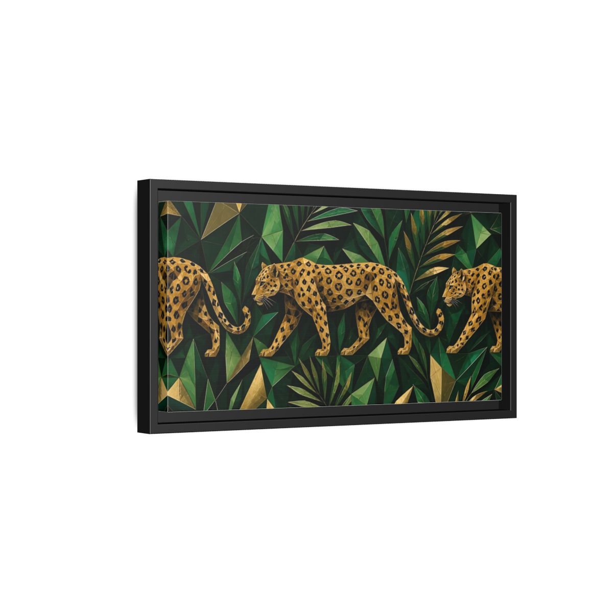 Side Mockup 8. Emerald Jungle Leopard shown as framed canvas print