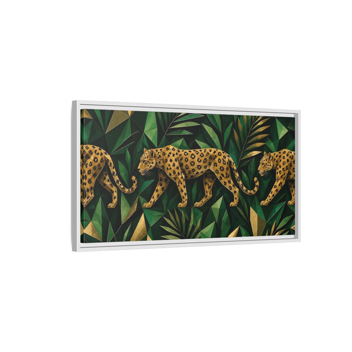 Side Mockup 1. Emerald Jungle Leopard shown as framed canvas print