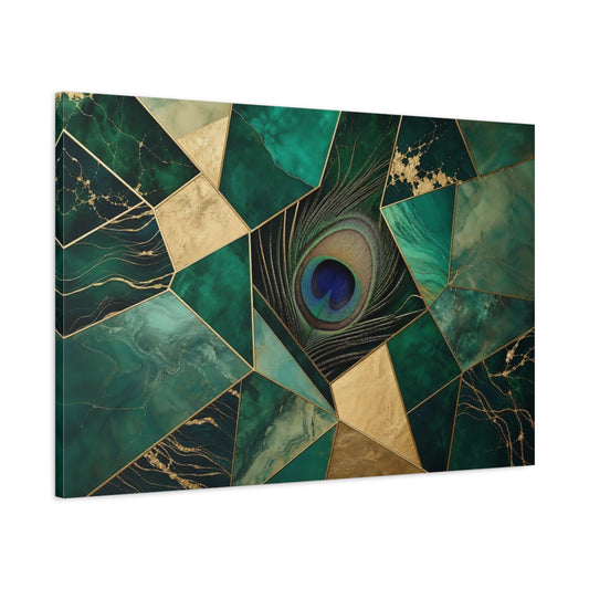 Main Mockup. Emerald Peacock Mosaic shown as canvas print