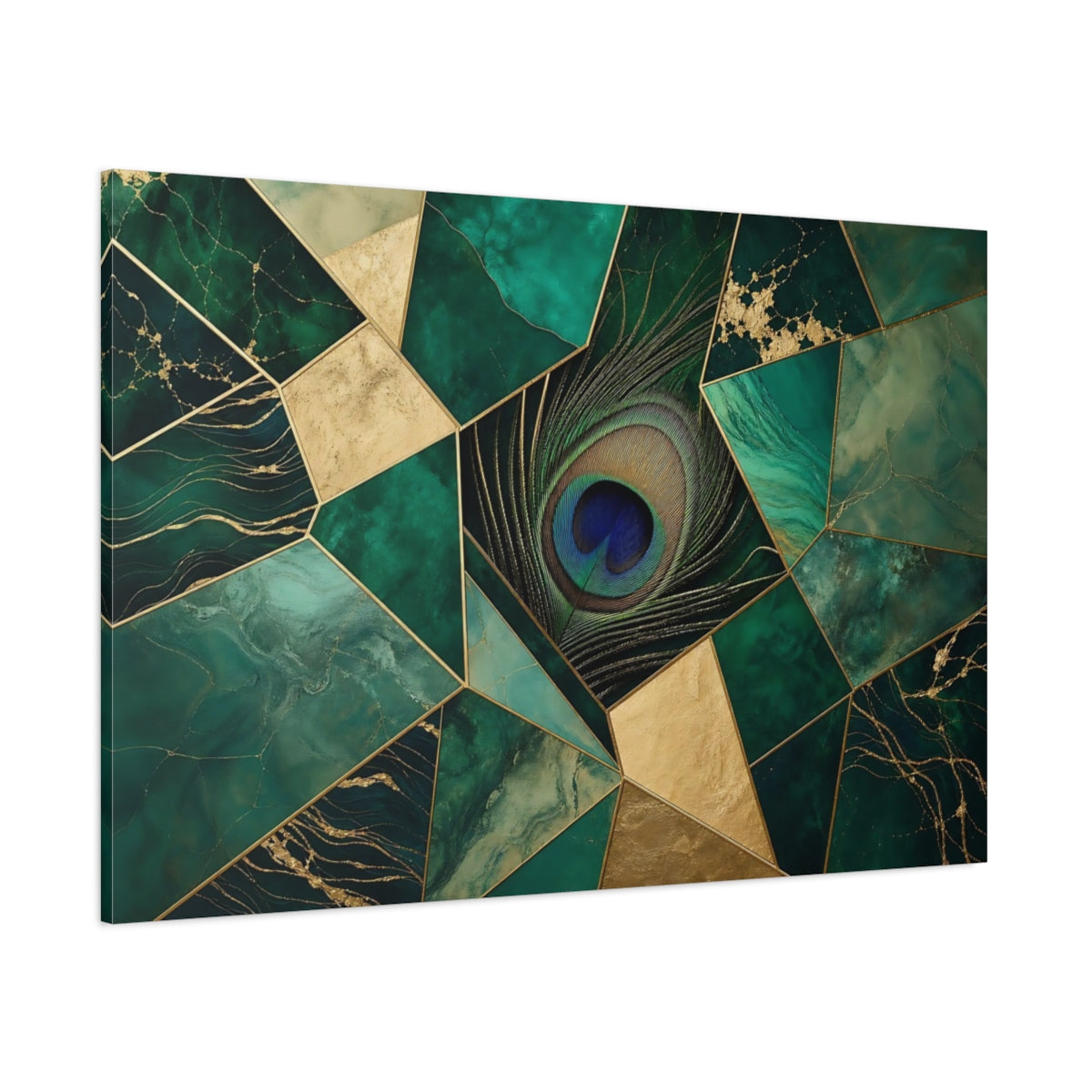 Side Mockup 1. Emerald Peacock Mosaic shown as canvas print