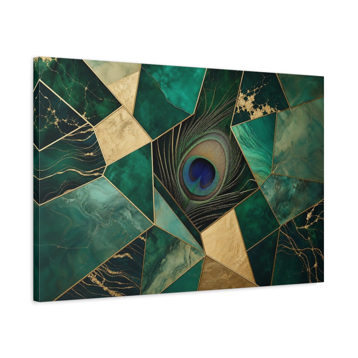 Side Mockup 2. Emerald Peacock Mosaic shown as canvas print