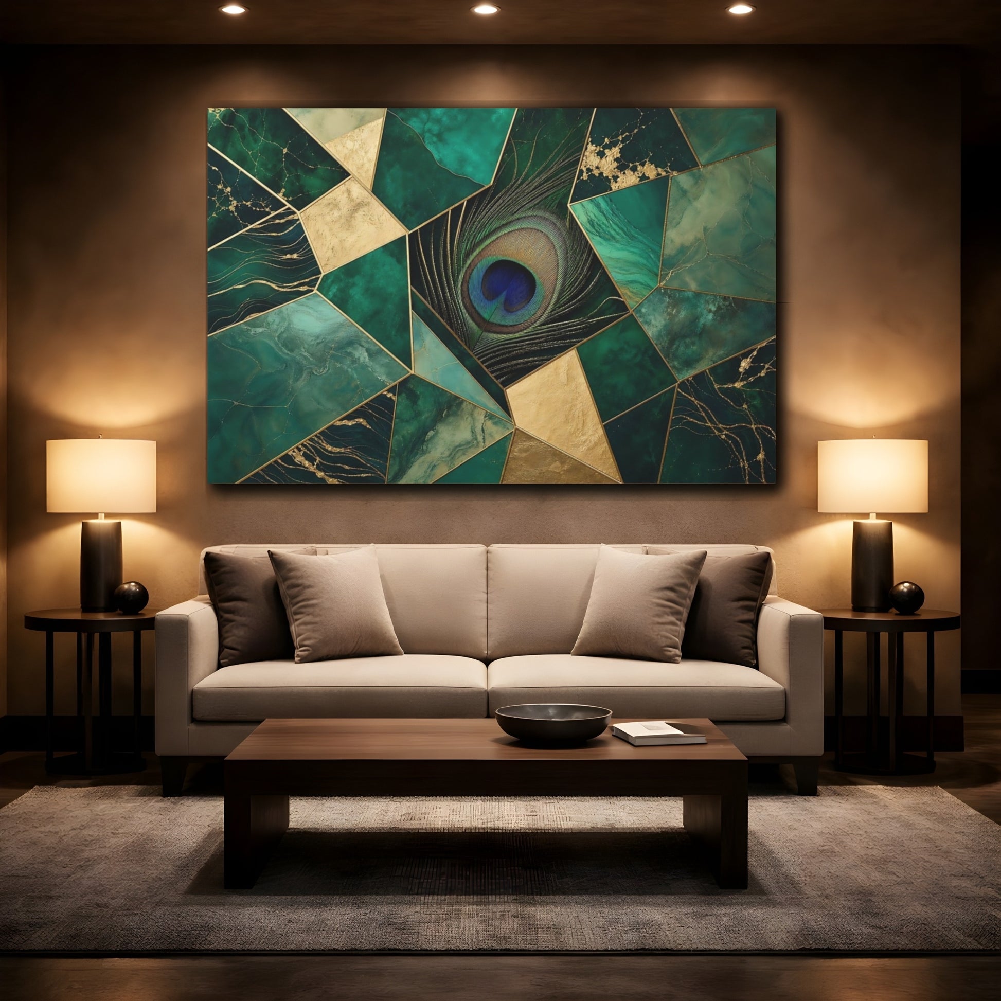 Mockup 2. Emerald Peacock Mosaic shown as canvas print