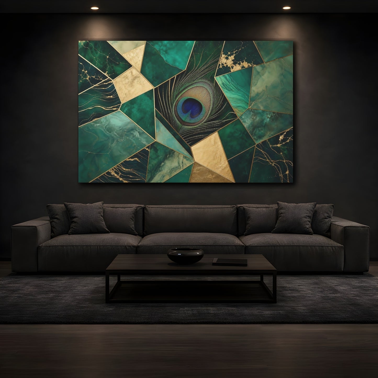 Mockup 3. Emerald Peacock Mosaic shown as canvas print