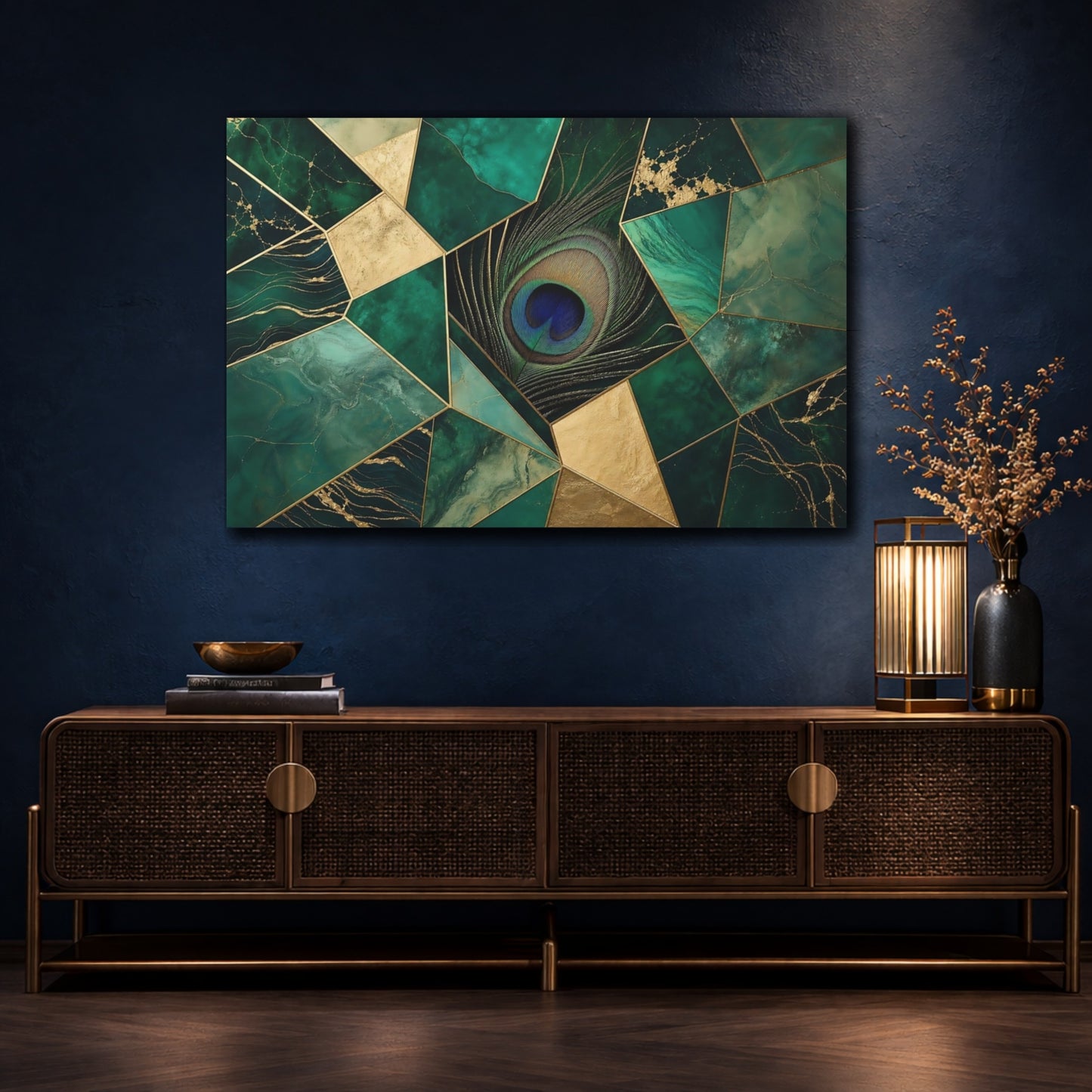 Mockup 4. Emerald Peacock Mosaic shown as canvas print
