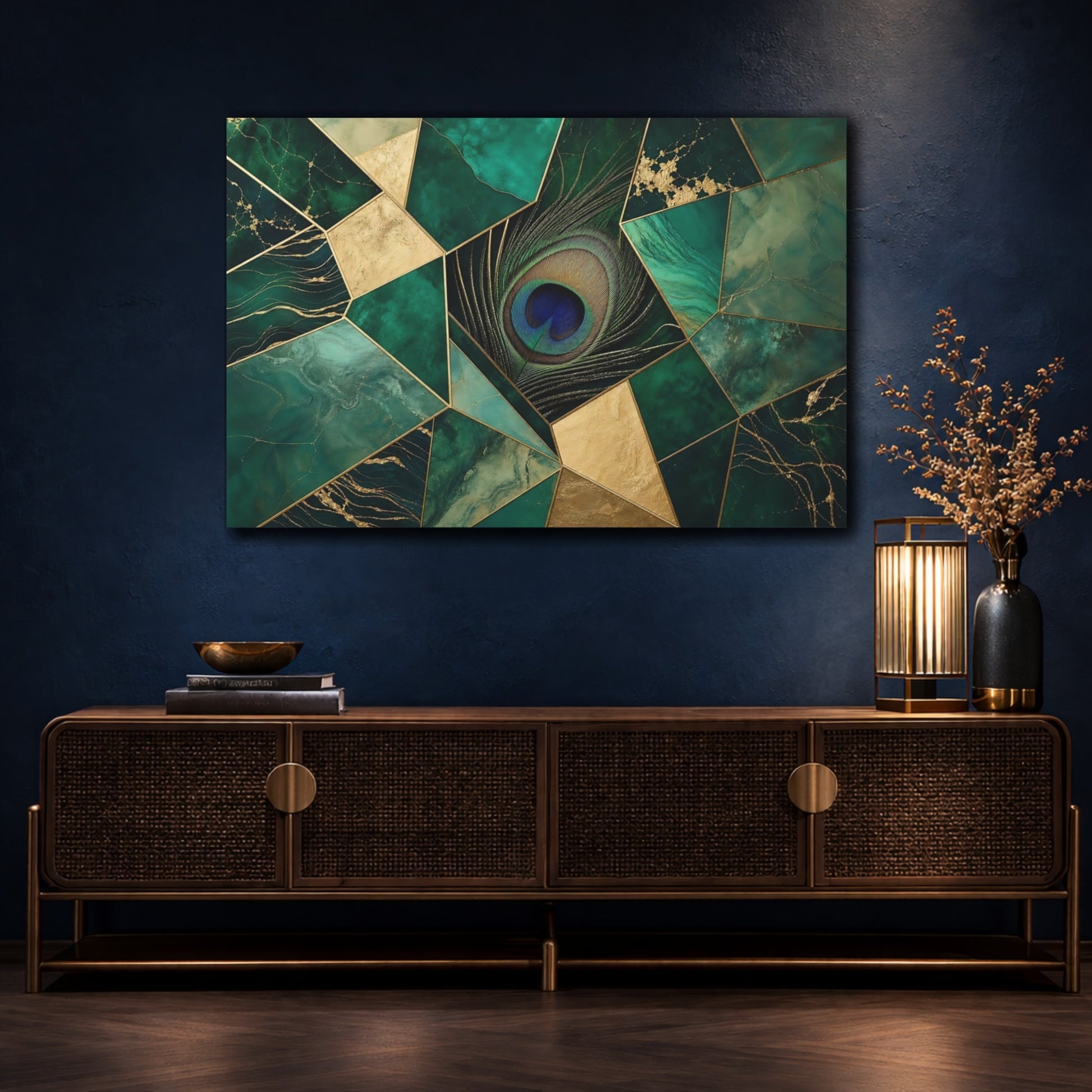 Mockup 4. Emerald Peacock Mosaic shown as canvas print