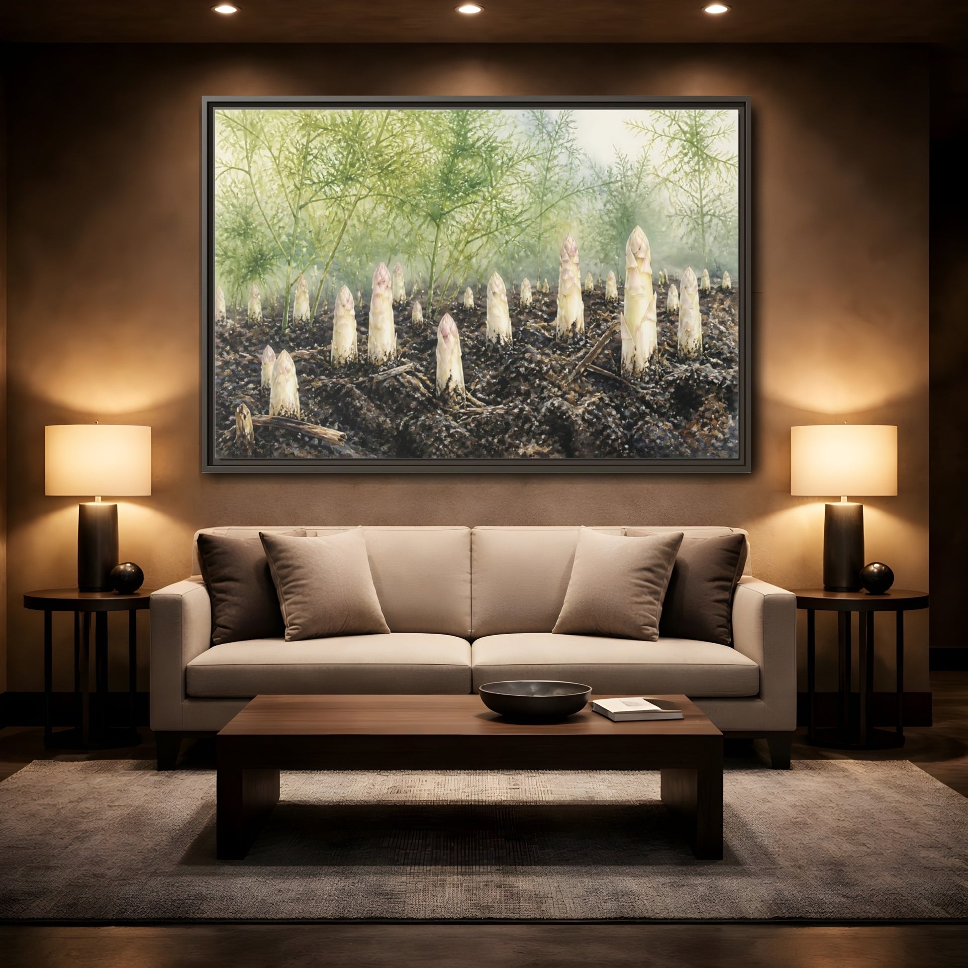 Mockup 2. Emerging White Asparagus shown as framed canvas print