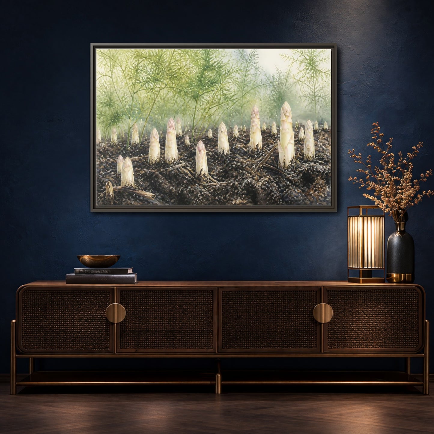 Mockup 4. Emerging White Asparagus shown as framed canvas print