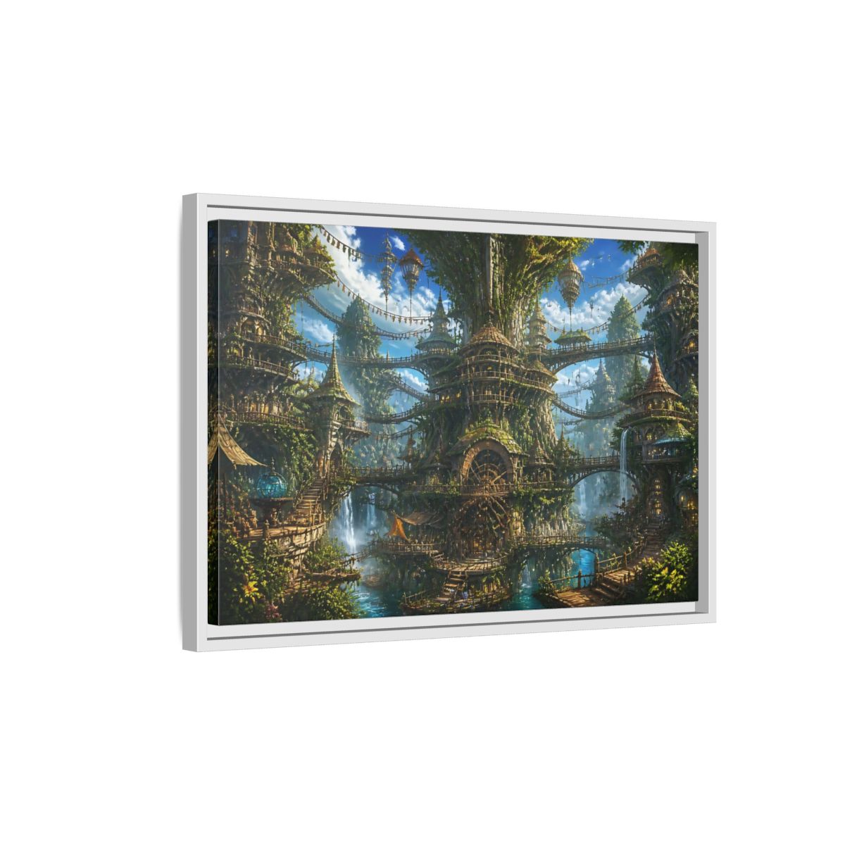 Side Mockup 1. Enchanted Tree City shown as framed canvas print