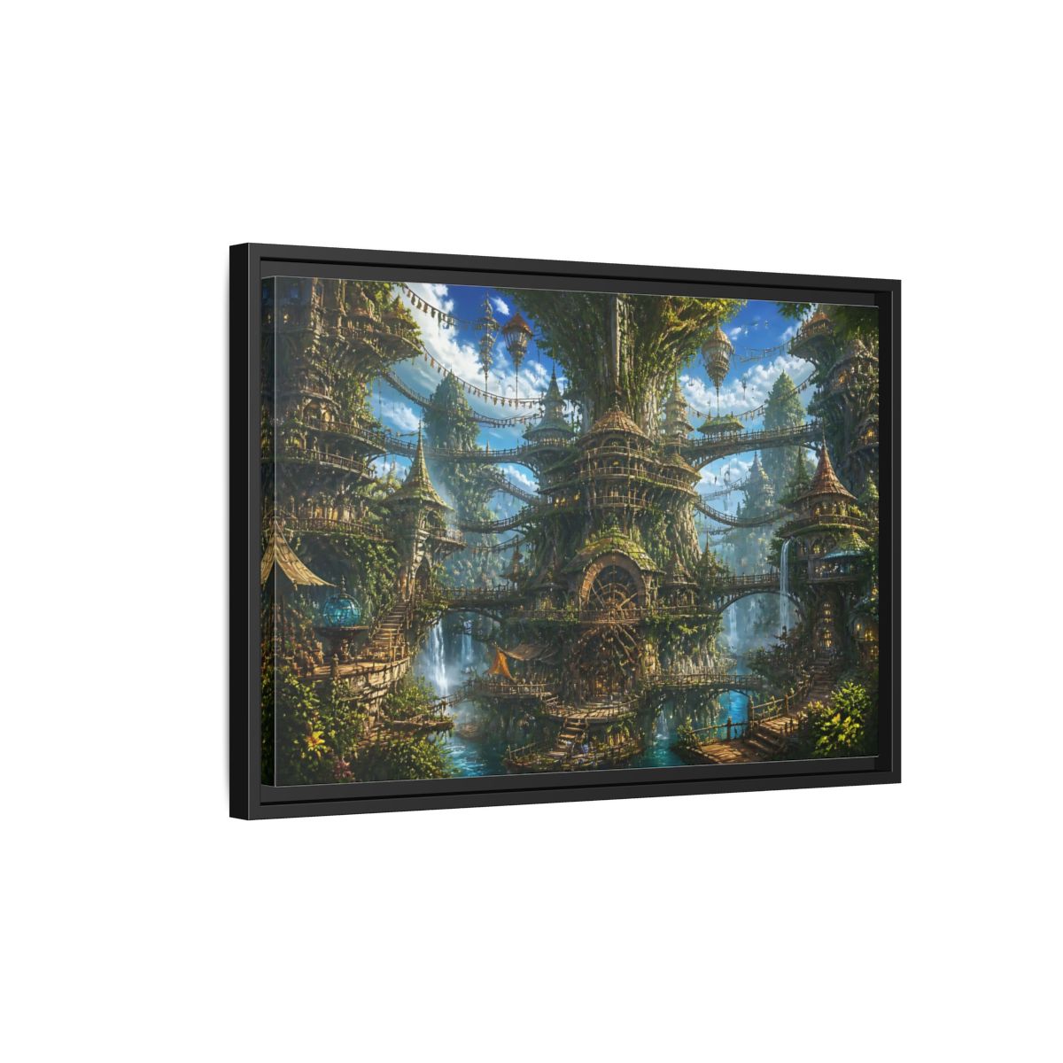 Side Mockup 3. Enchanted Tree City shown as framed canvas print