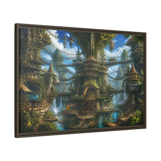 Main Mockup. Enchanted Tree City shown as framed canvas print