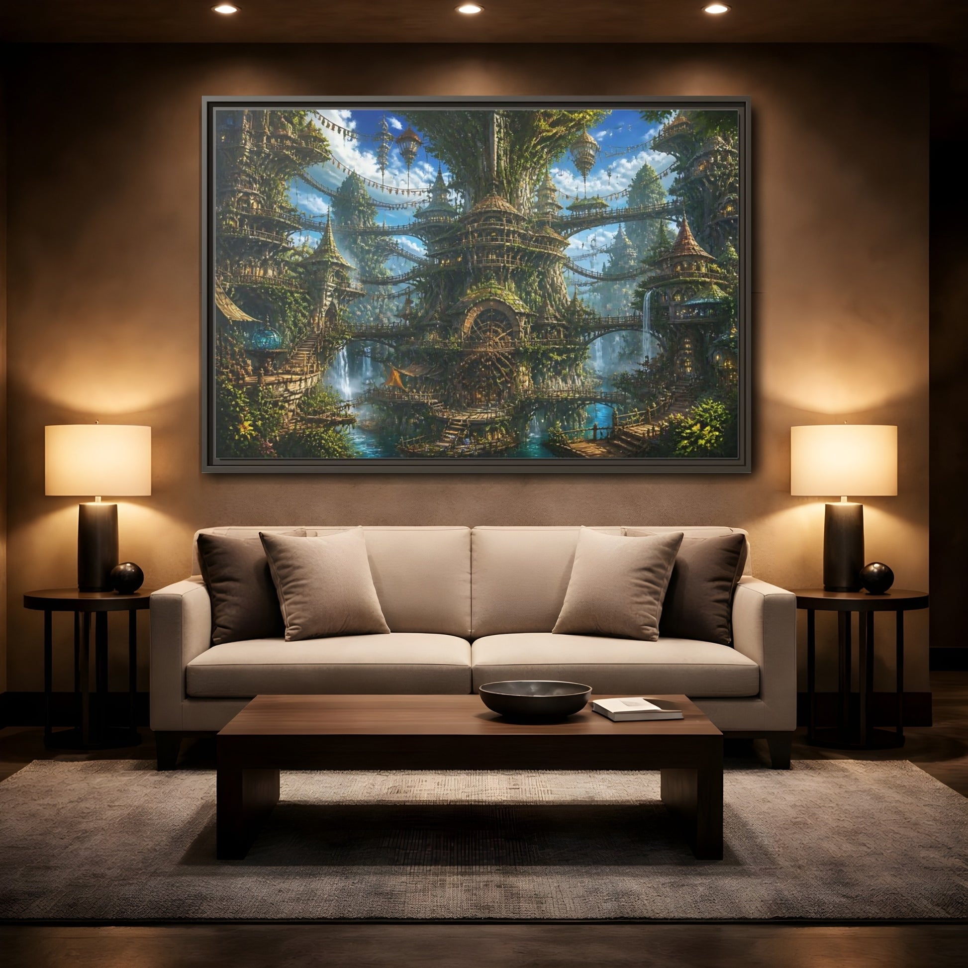 Mockup 2. Enchanted Tree City shown as framed canvas print