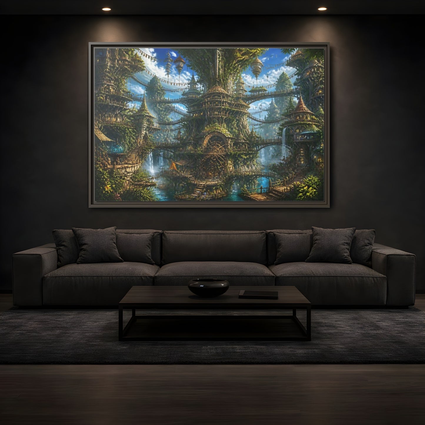 Mockup 3. Enchanted Tree City shown as framed canvas print