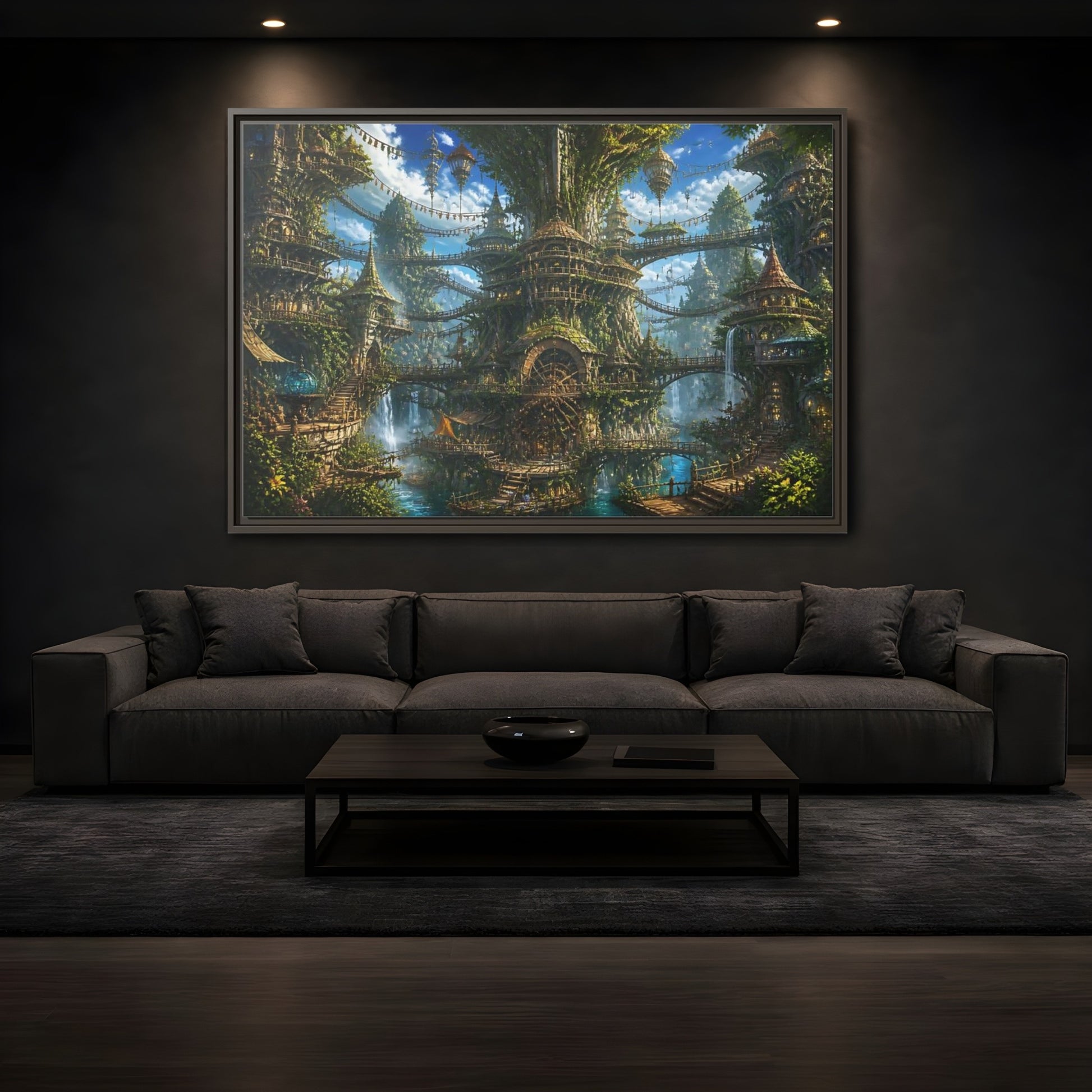 Mockup 3. Enchanted Tree City shown as framed canvas print
