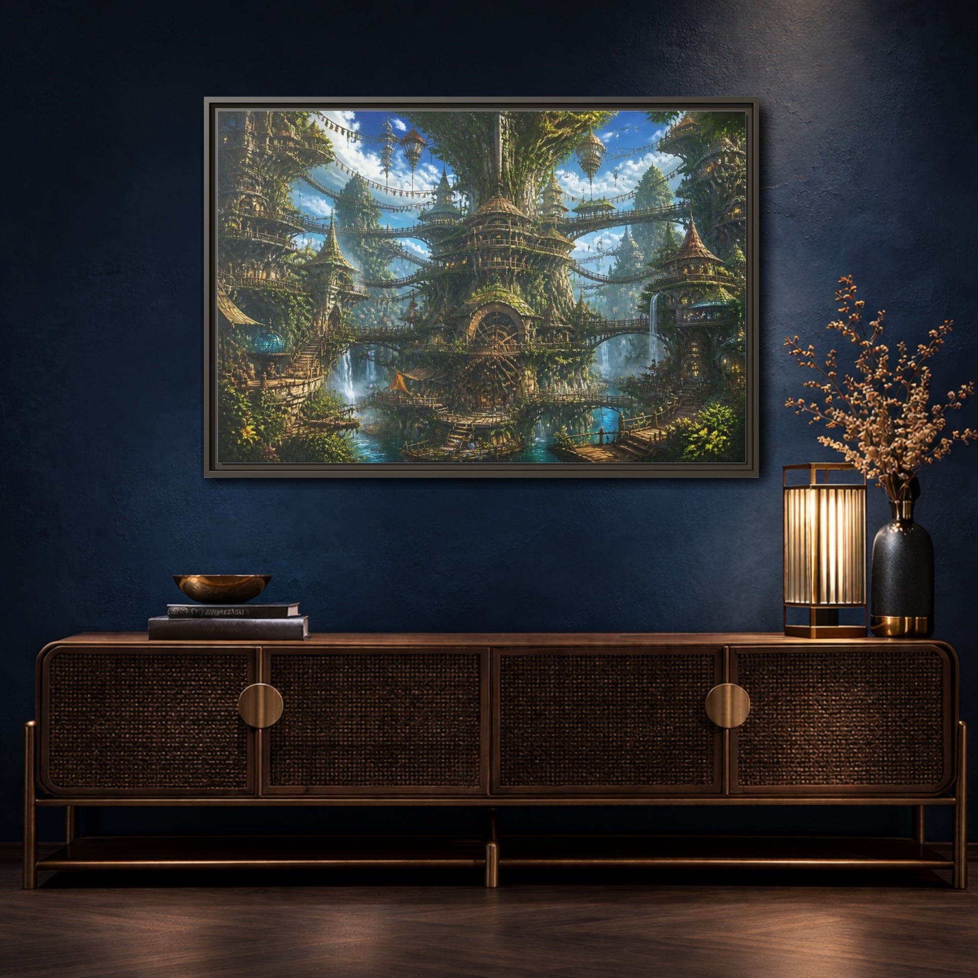 Mockup 4. Enchanted Tree City shown as framed canvas print
