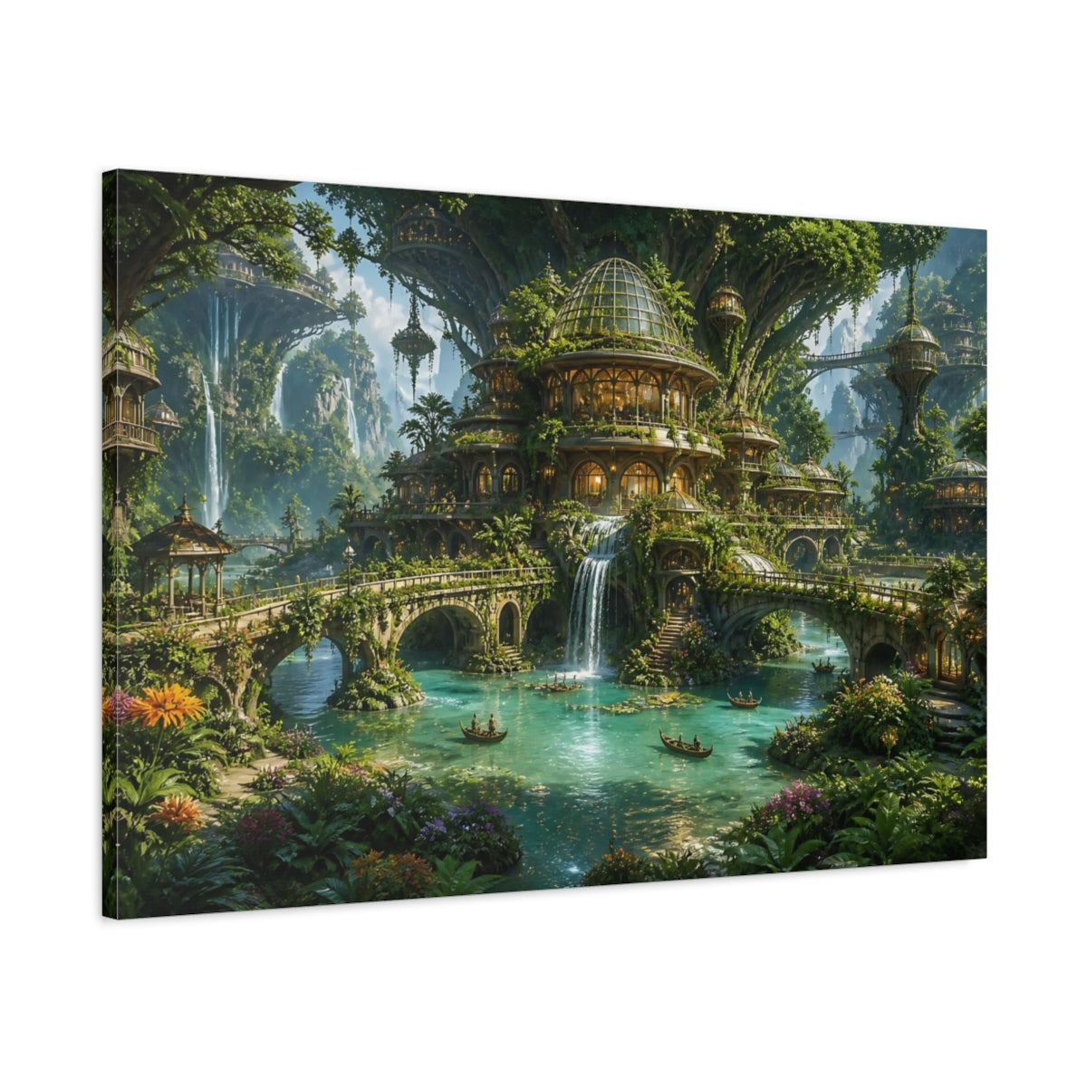 Main Mockup. Enchanted Waterfall Village shown as canvas print
