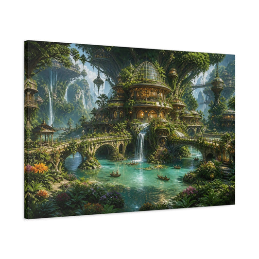 Main Mockup. Enchanted Waterfall Village shown as canvas print