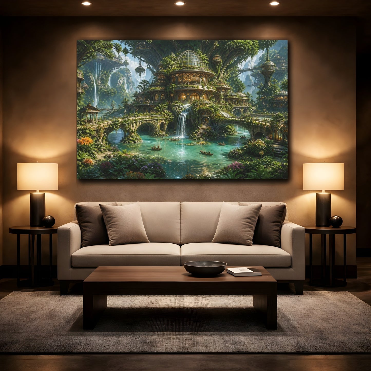 Mockup 2. Enchanted Waterfall Village shown as canvas print