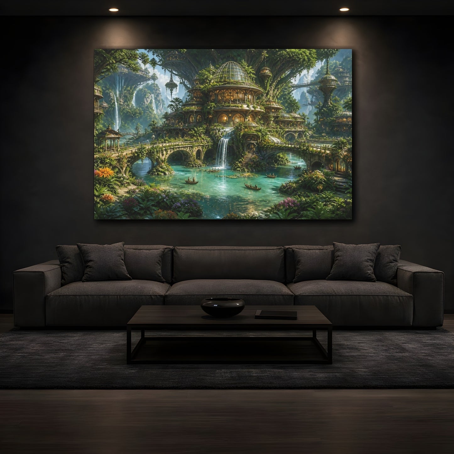 Mockup 3. Enchanted Waterfall Village shown as canvas print