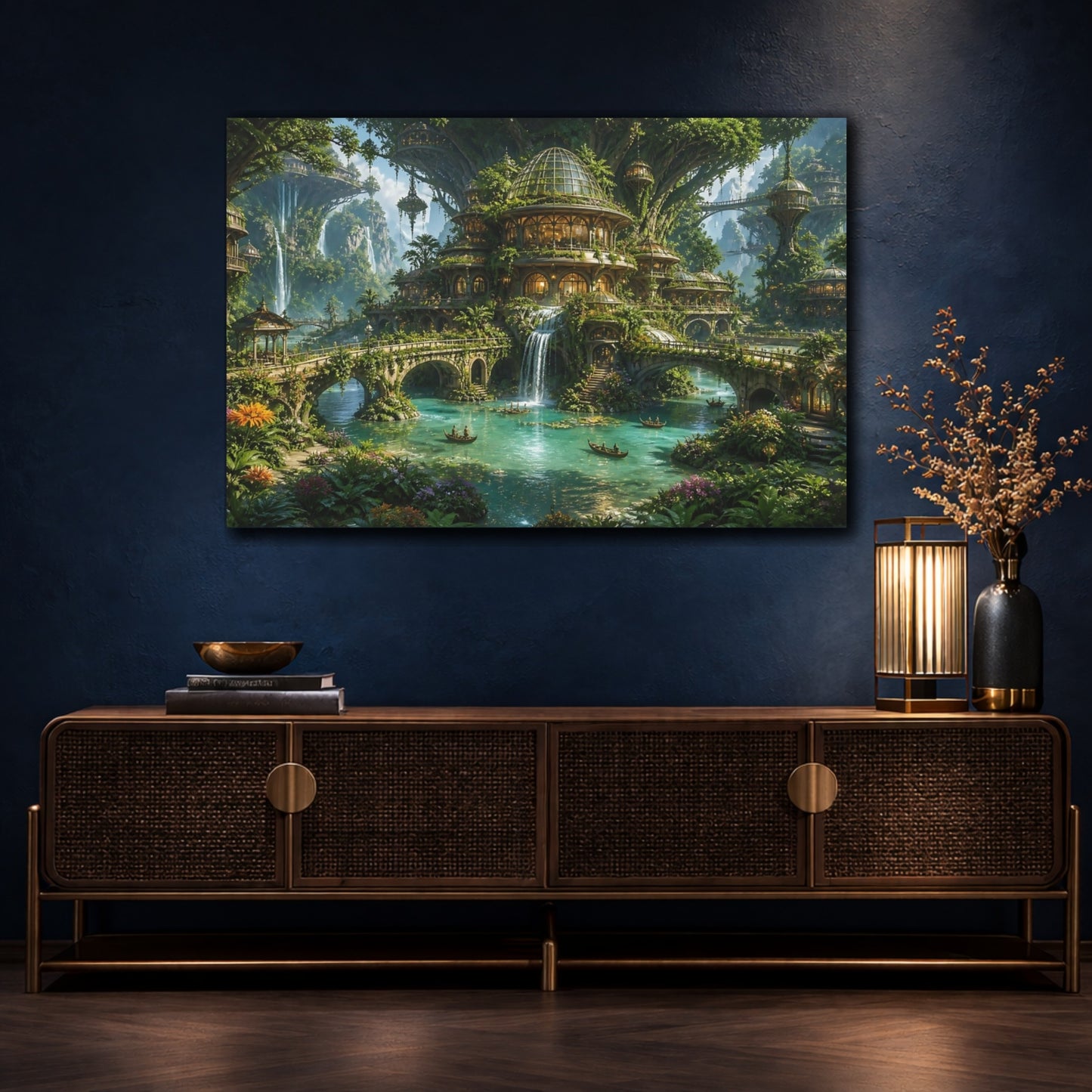 Mockup 4. Enchanted Waterfall Village shown as canvas print