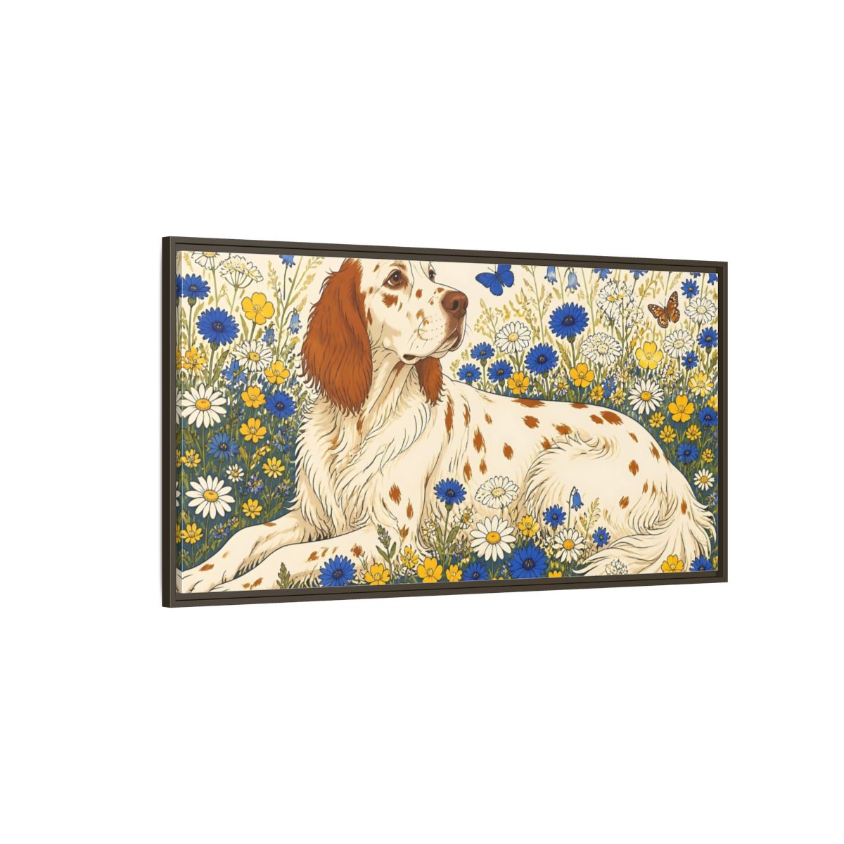 Side Mockup 4. English Setter Pet In Flowers shown as framed canvas print