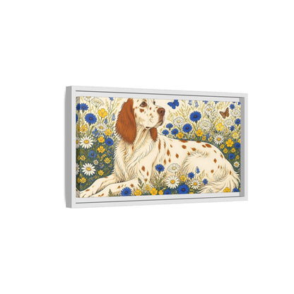 Side Mockup 6. English Setter Pet In Flowers shown as framed canvas print