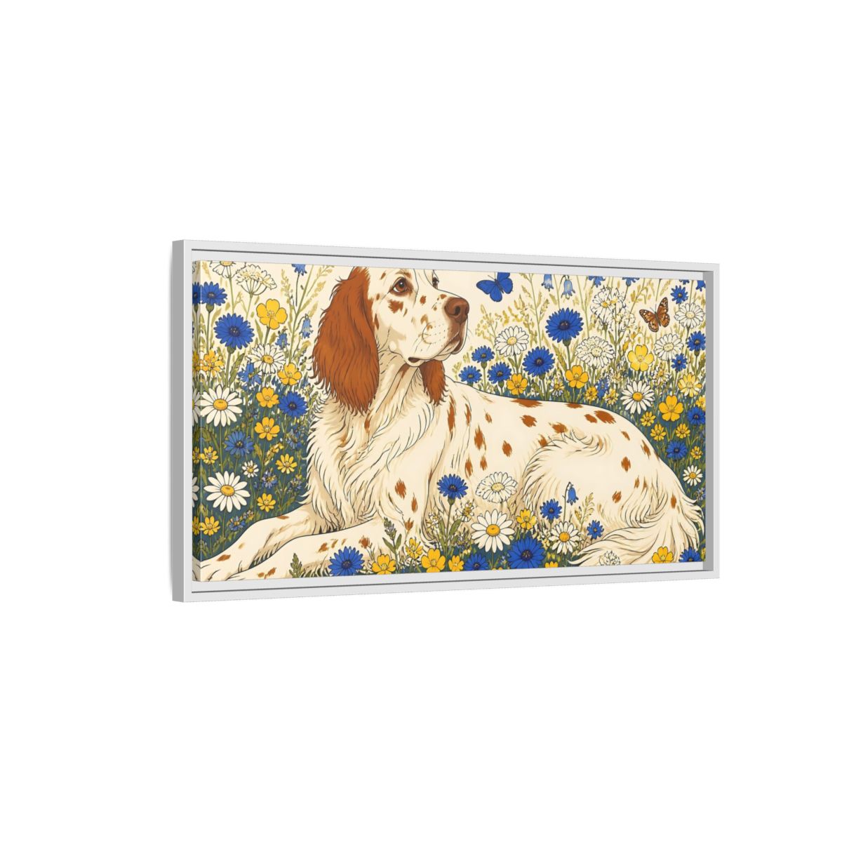 Side Mockup 1. English Setter Pet In Flowers shown as framed canvas print