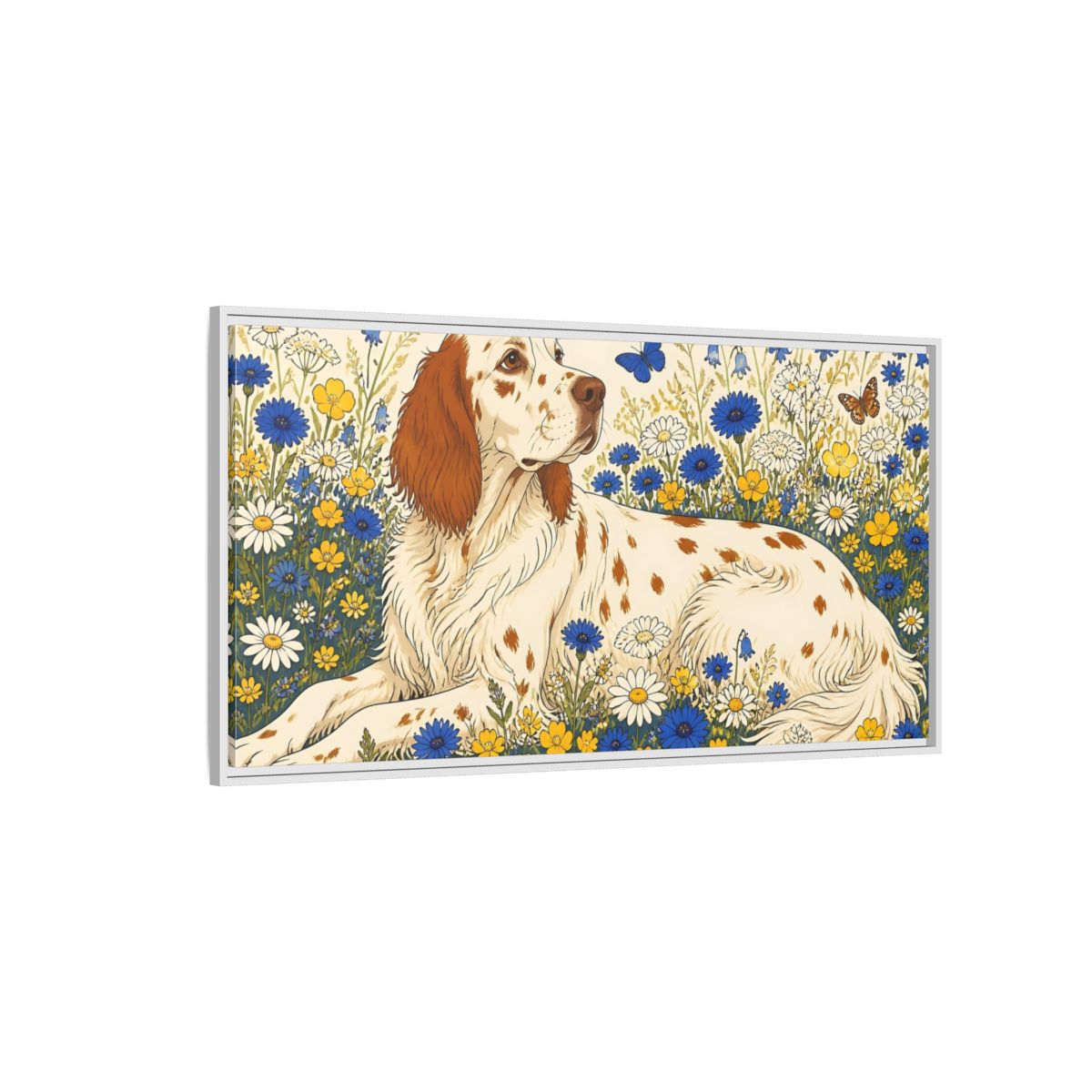 Side Mockup 3. English Setter Pet In Flowers shown as framed canvas print