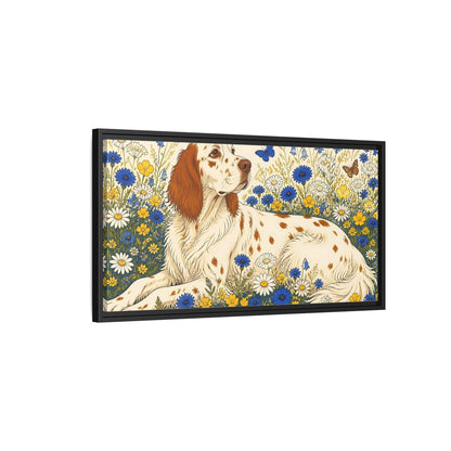 Side Mockup 2. English Setter Pet In Flowers shown as framed canvas print