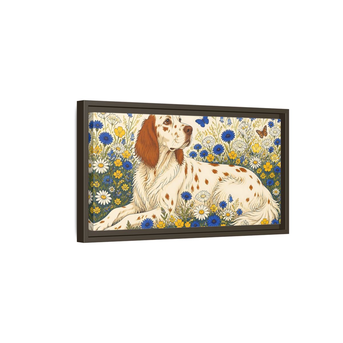 Side Mockup 7. English Setter Pet In Flowers shown as framed canvas print