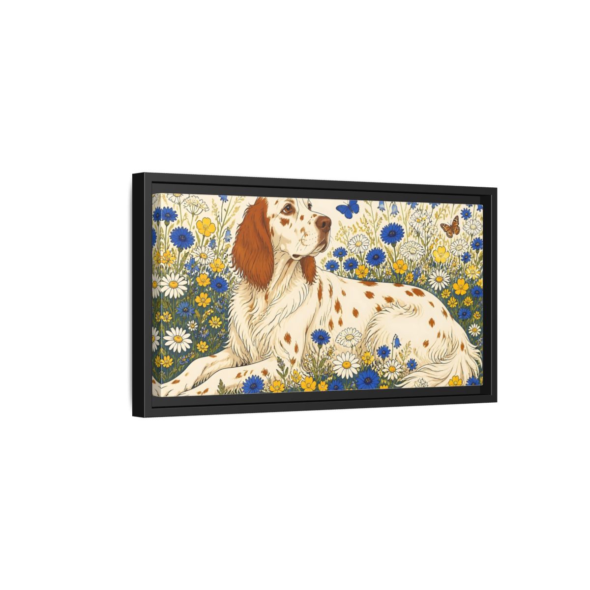 Side Mockup 8. English Setter Pet In Flowers shown as framed canvas print