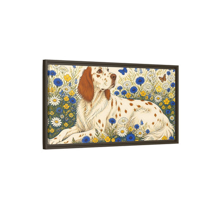 Main Mockup. English Setter Pet In Flowers shown as framed canvas print