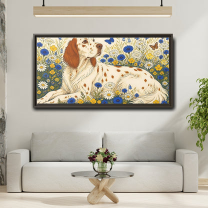 Mockup 2. English Setter Pet In Flowers shown as framed canvas print