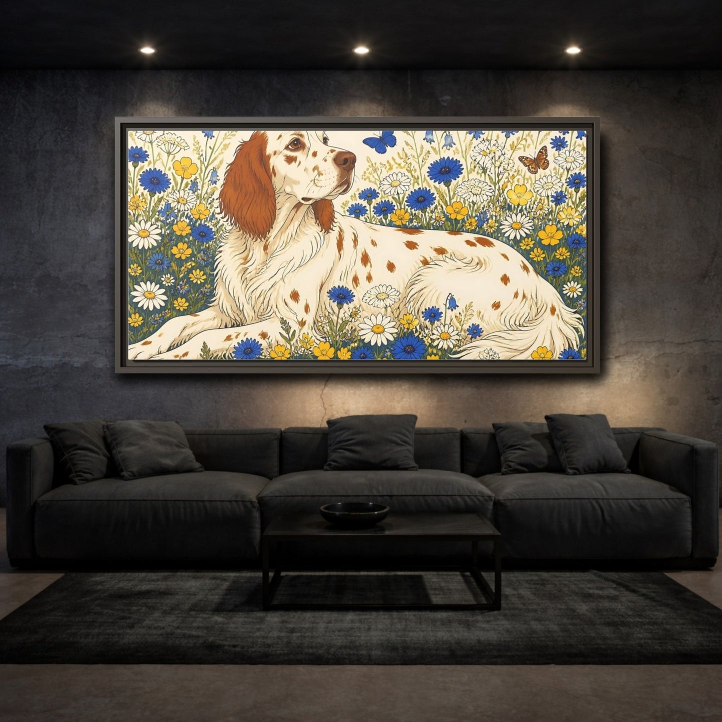 Mockup 3. English Setter Pet In Flowers shown as framed canvas print