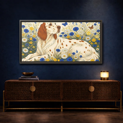 Mockup 4. English Setter Pet In Flowers shown as framed canvas print