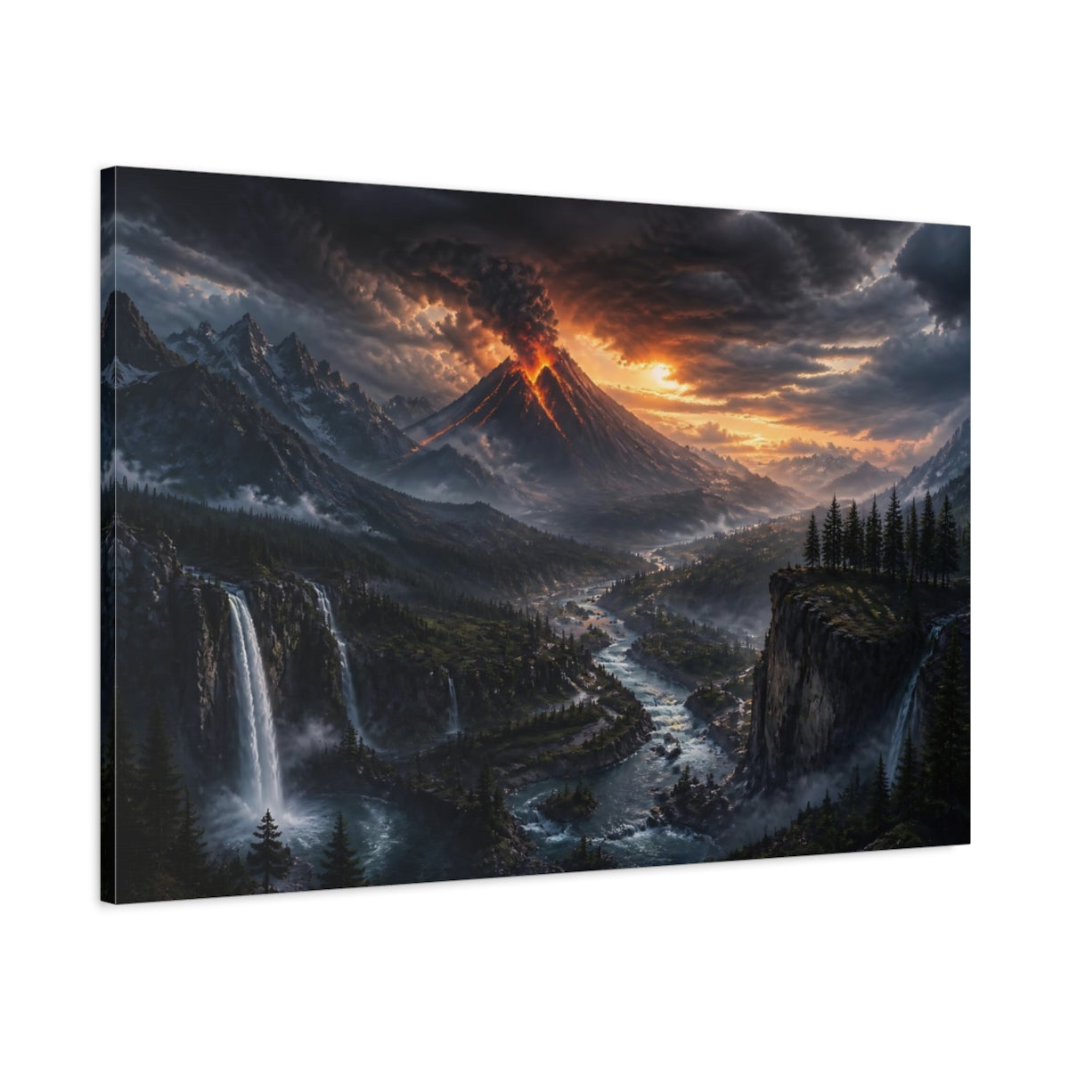 Main Mockup. Erupting Volcano At Dusk shown as canvas print