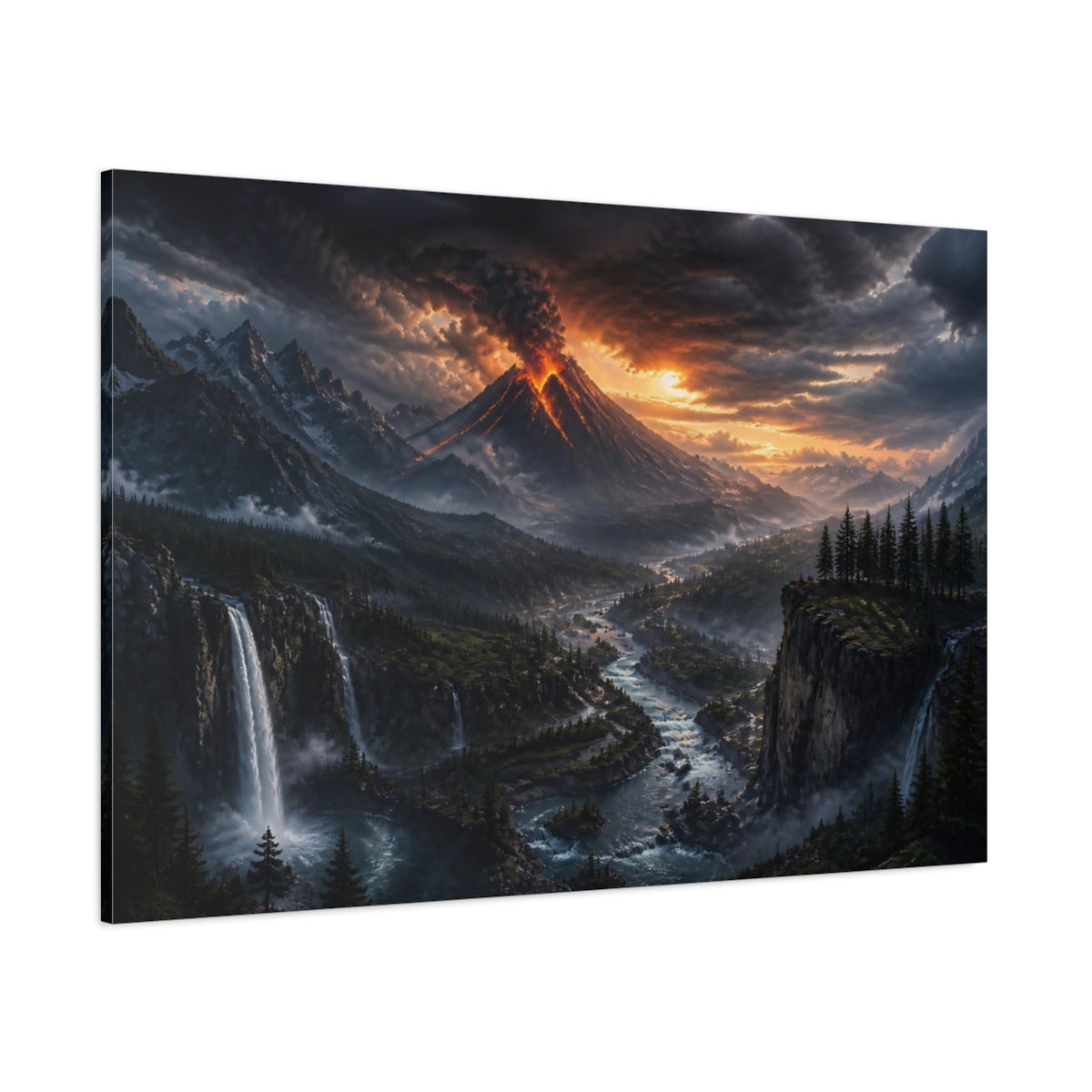 Side Mockup 1. Erupting Volcano At Dusk shown as canvas print