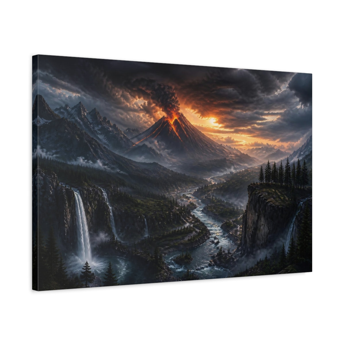 Side Mockup 2. Erupting Volcano At Dusk shown as canvas print