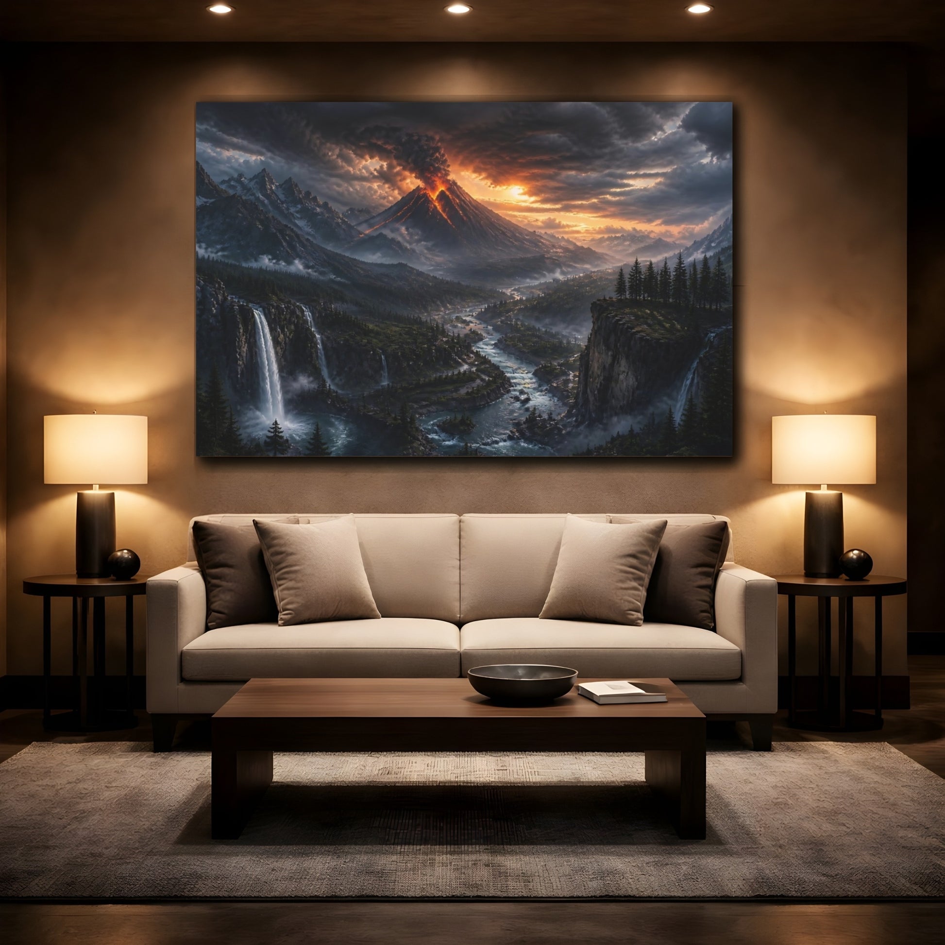 Mockup 2. Erupting Volcano At Dusk shown as canvas print