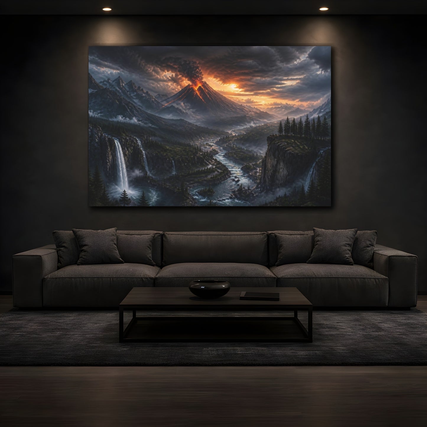 Mockup 3. Erupting Volcano At Dusk shown as canvas print
