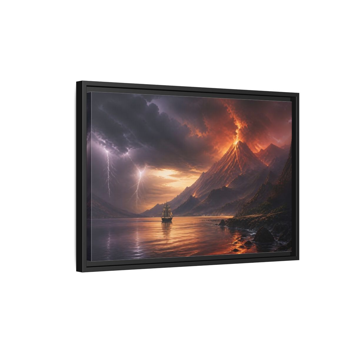 Side Mockup 3. Erupting Volcano At Sea shown as framed canvas print