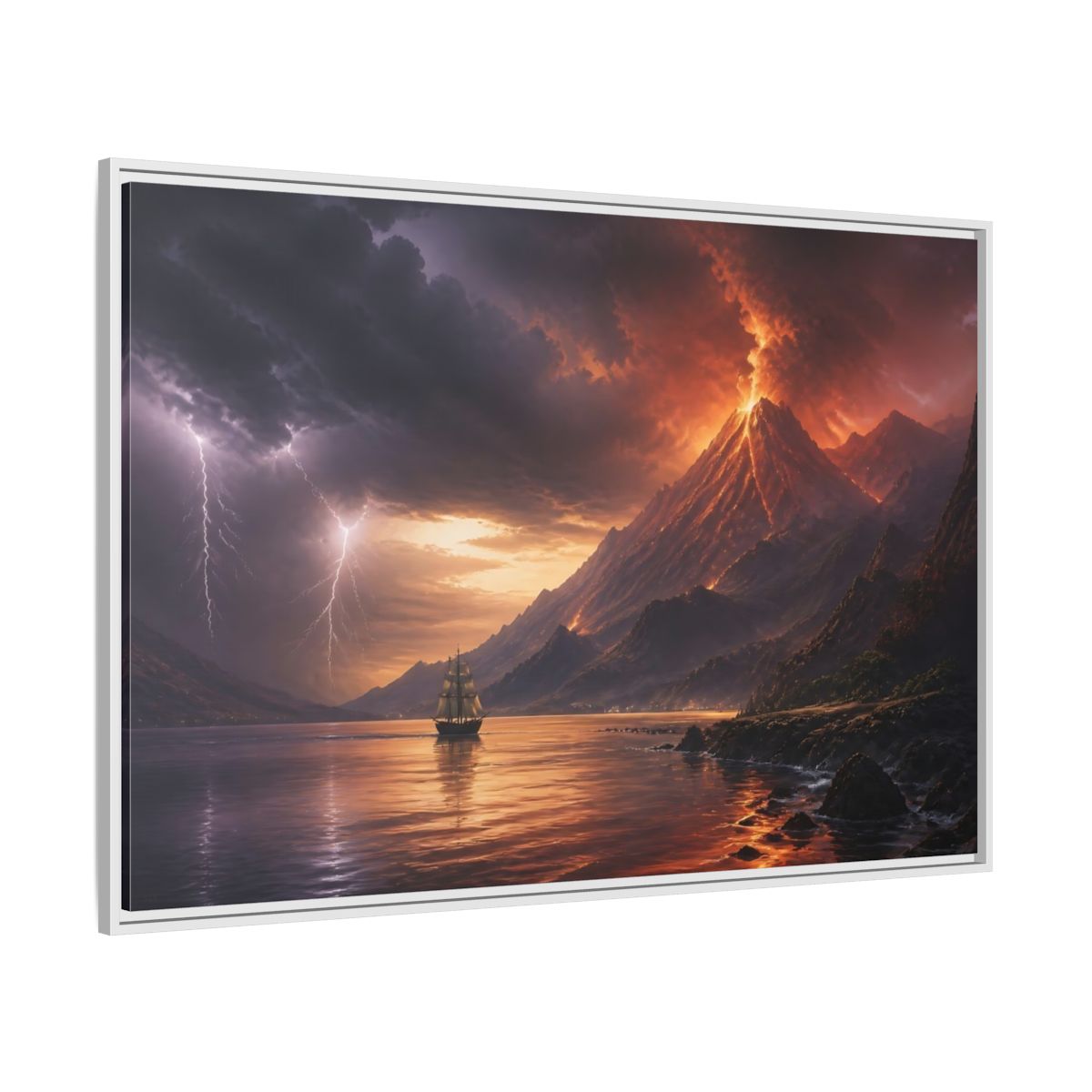 Side Mockup 7. Erupting Volcano At Sea shown as framed canvas print