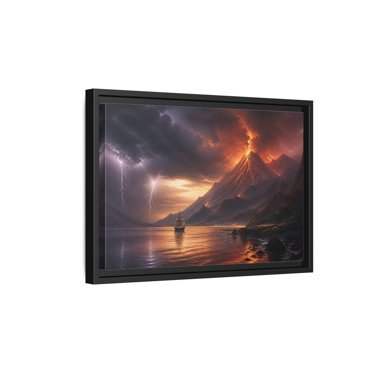 Side Mockup 6. Erupting Volcano At Sea shown as framed canvas print