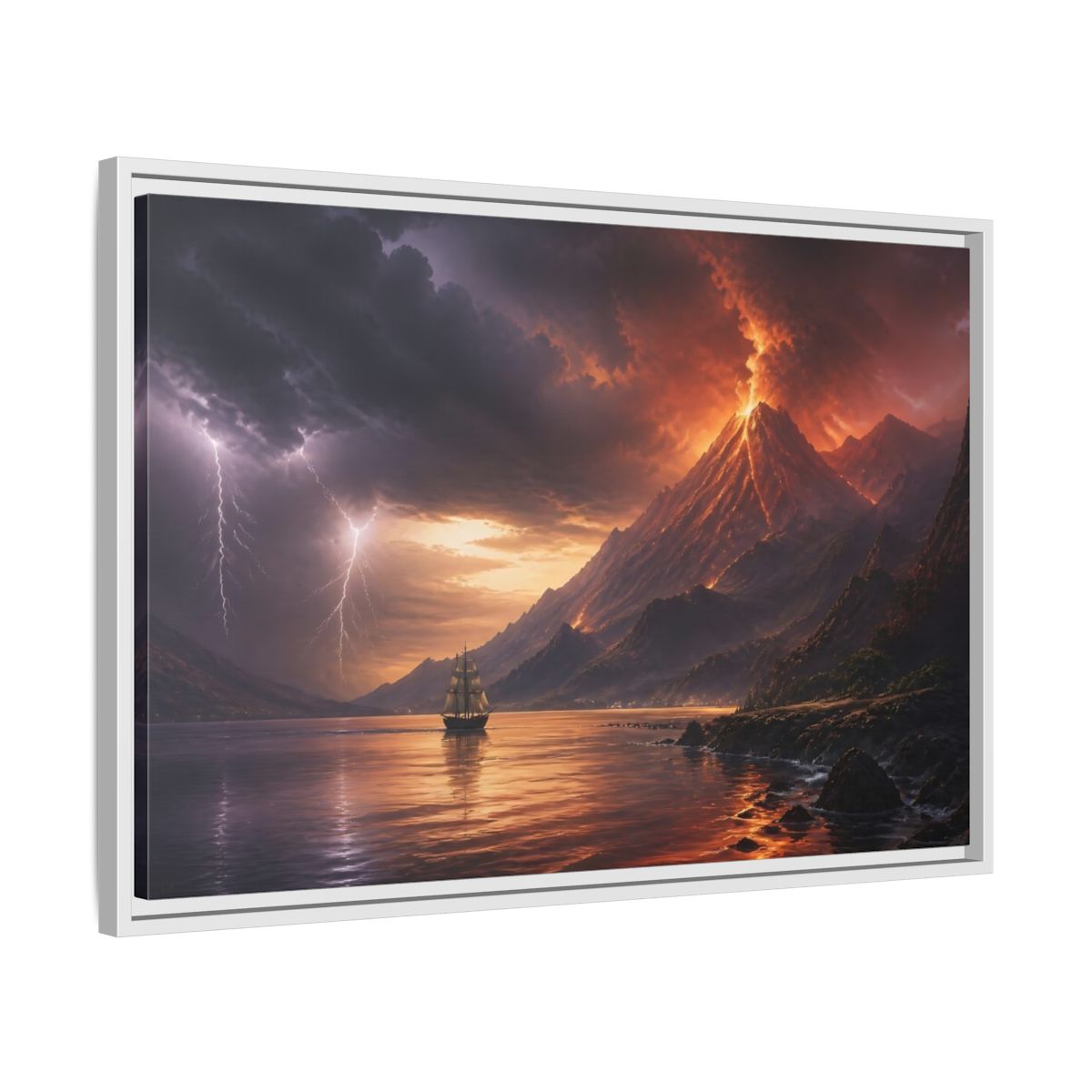 Side Mockup 10. Erupting Volcano At Sea shown as framed canvas print