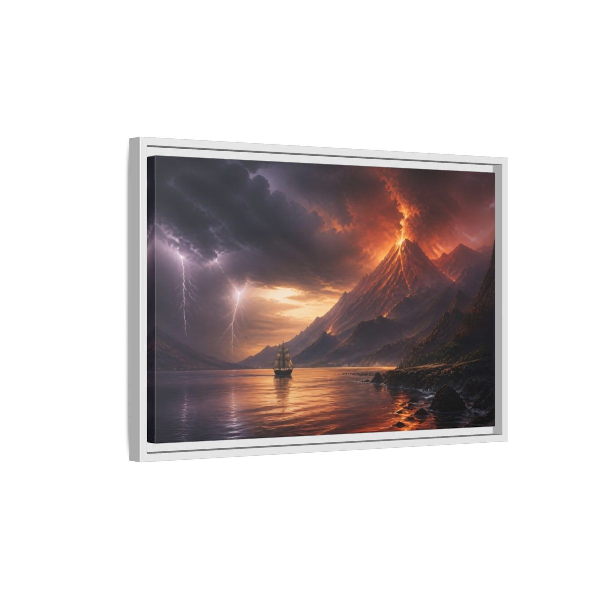 Side Mockup 1. Erupting Volcano At Sea shown as framed canvas print