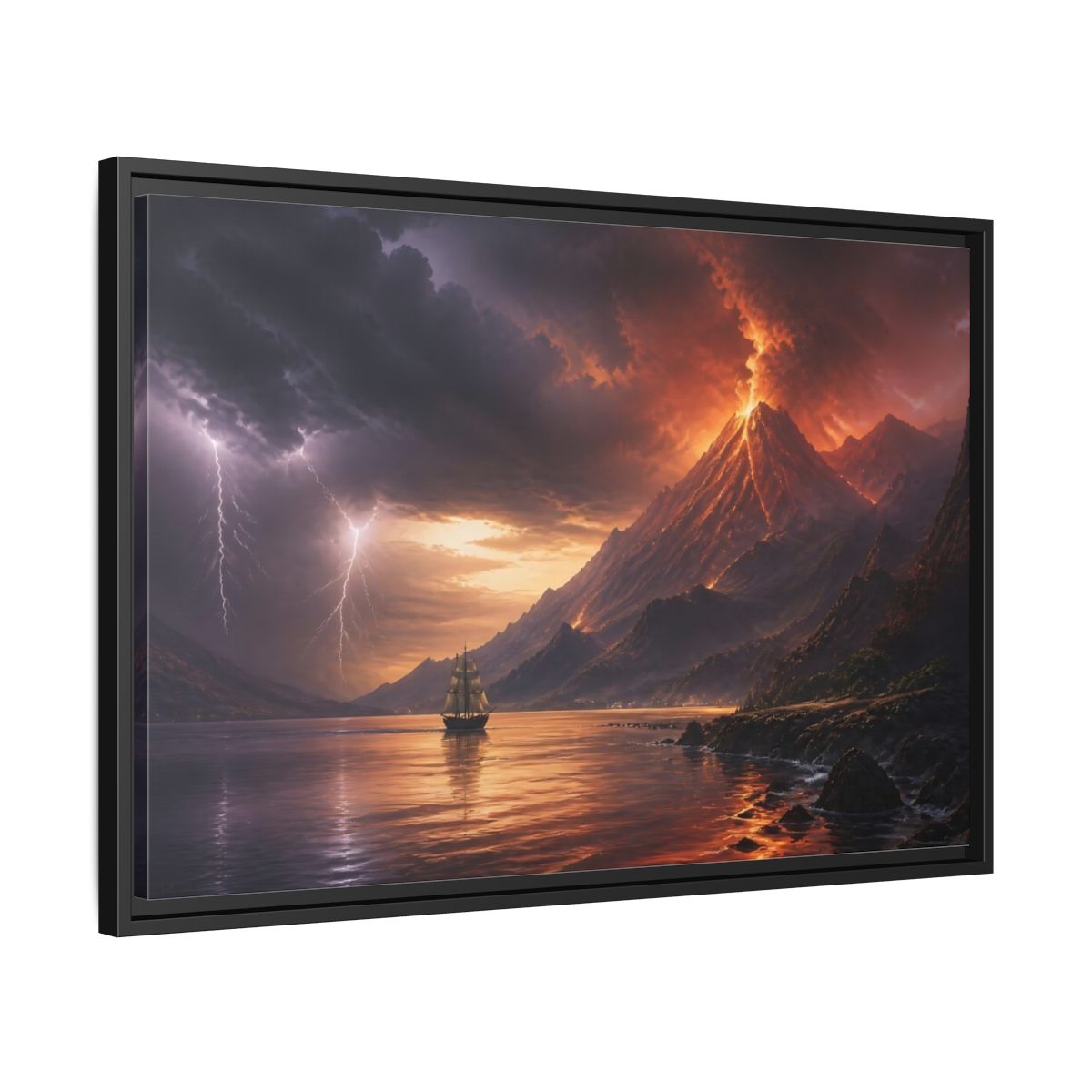 Side Mockup 14. Erupting Volcano At Sea shown as framed canvas print