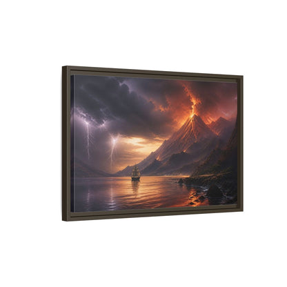 Side Mockup 2. Erupting Volcano At Sea shown as framed canvas print
