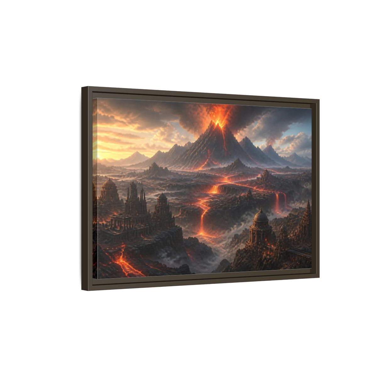 Side Mockup 2. Erupting Volcano Landscape shown as framed canvas print