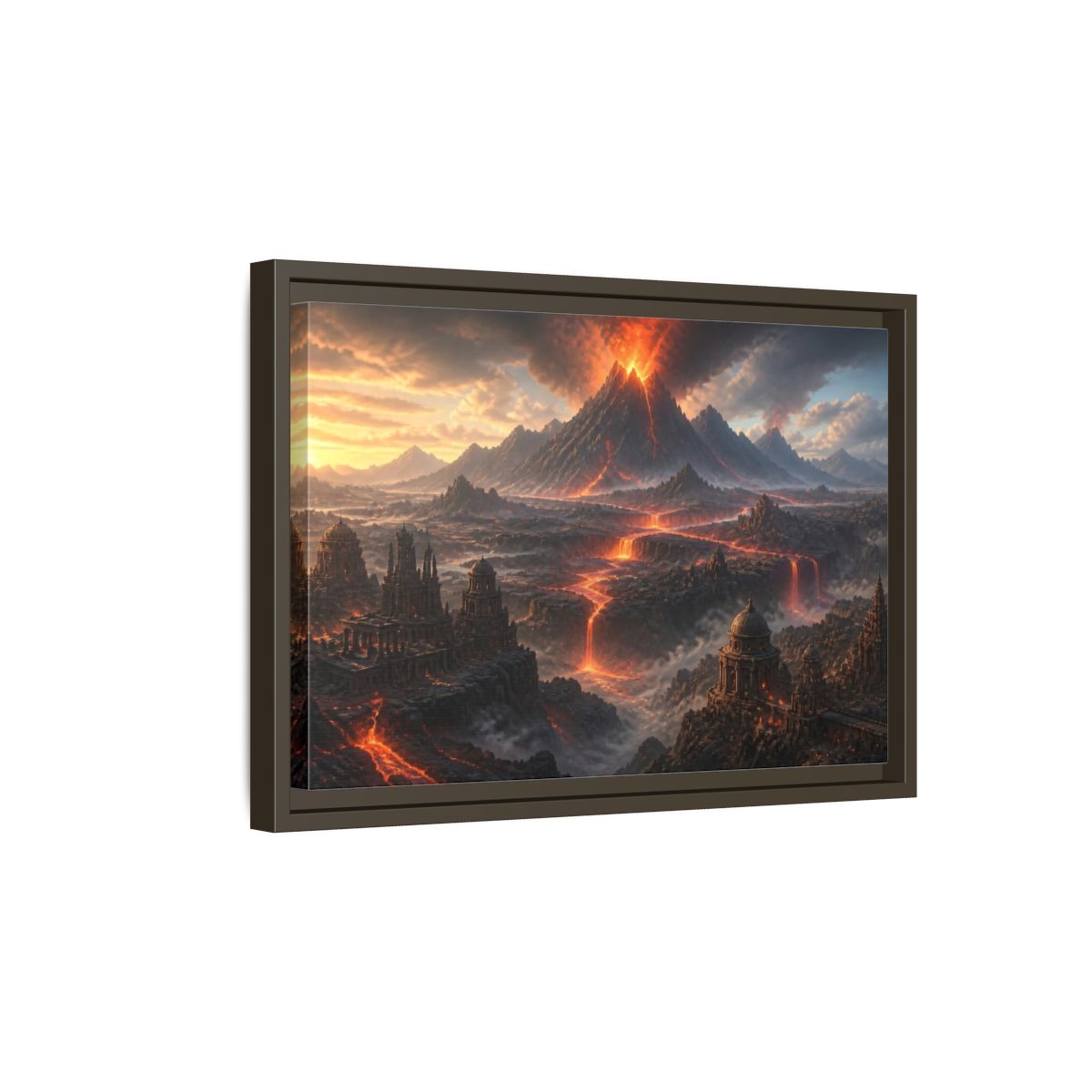 Side Mockup 5. Erupting Volcano Landscape shown as framed canvas print
