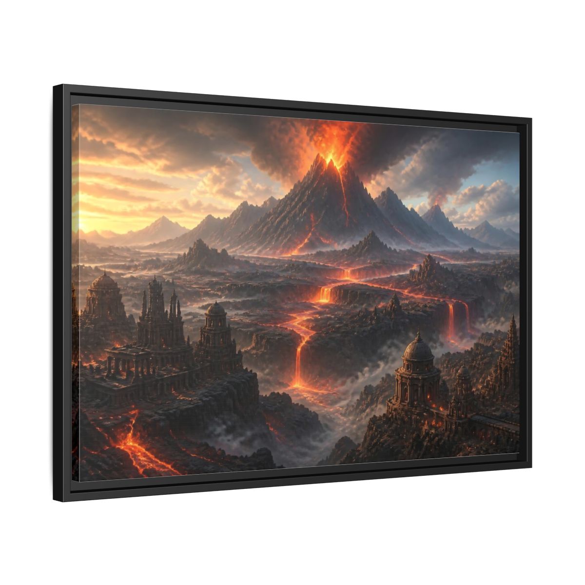 Side Mockup 14. Erupting Volcano Landscape shown as framed canvas print