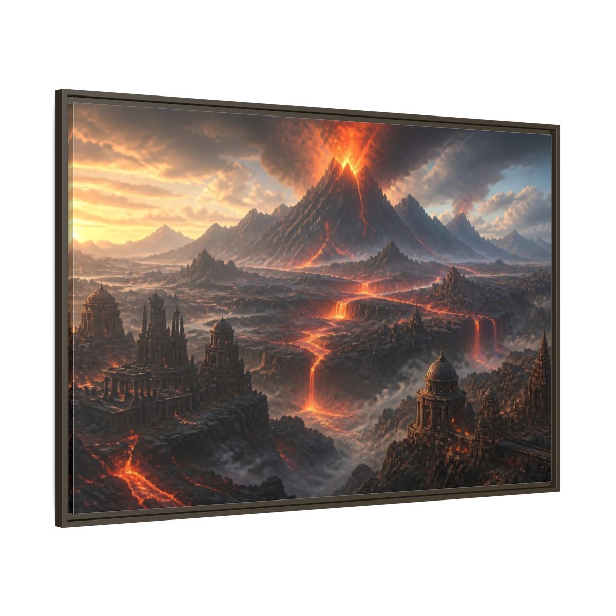 Side Mockup 8. Erupting Volcano Landscape shown as framed canvas print